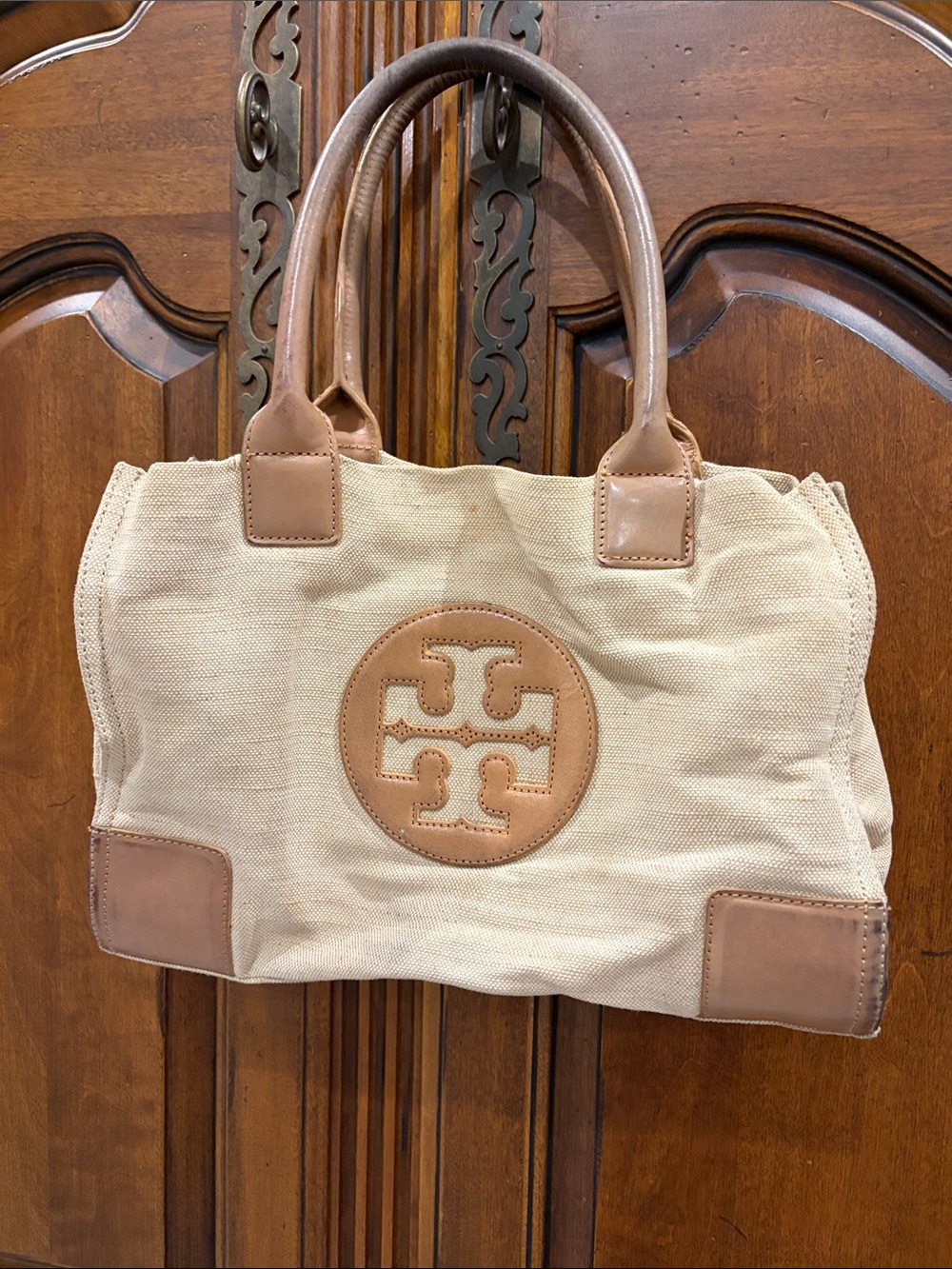 Tory Burch Cream Canvas Tote with Tan Leather Trim